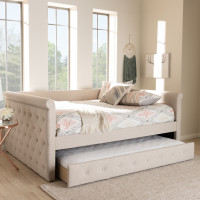 Baxton Studio CF8825-Light Beige-Daybed-F/T Alena Modern and Contemporary Light Beige Fabric Upholstered Full Size Daybed with Trundle